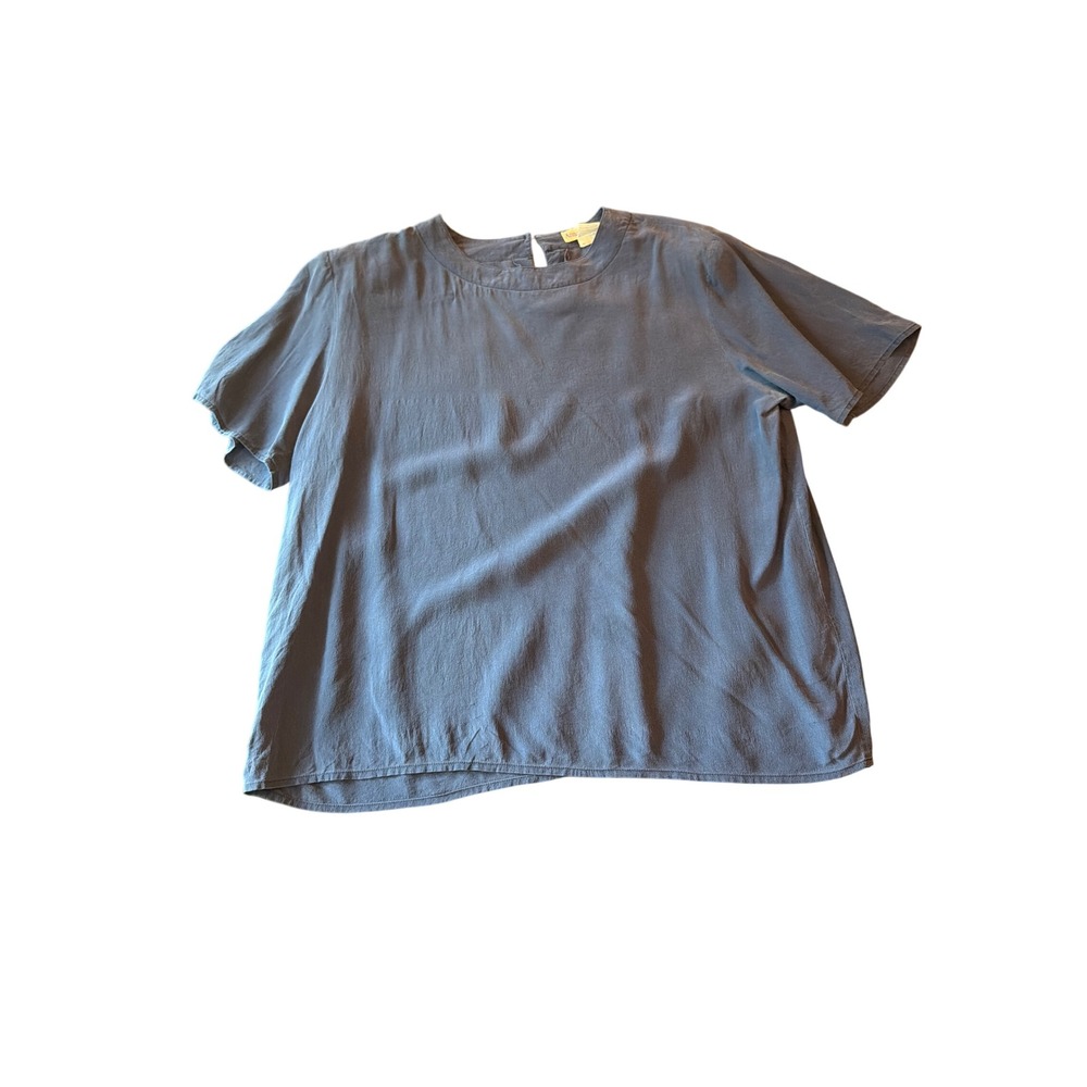 Anna & Frank Blouse Blue 100% Silk Short Sleeve Crew Neck Keyhole Back Top M